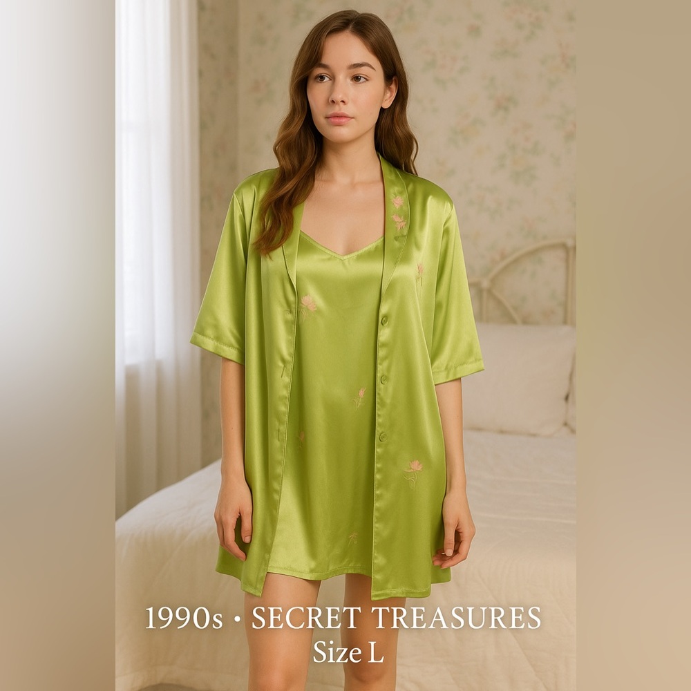 Y2K Secret Treasures Satin Robe & Slip Set Lime Green Floral Lingerie 1X
